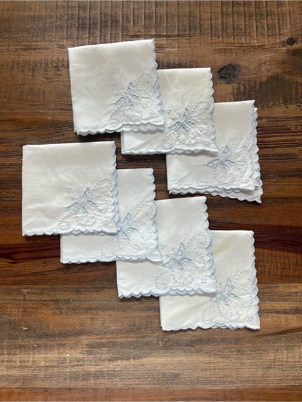 Vintage Set of 7 Blue Butterfly Embroidered Linen Napkins Scalloped Edge